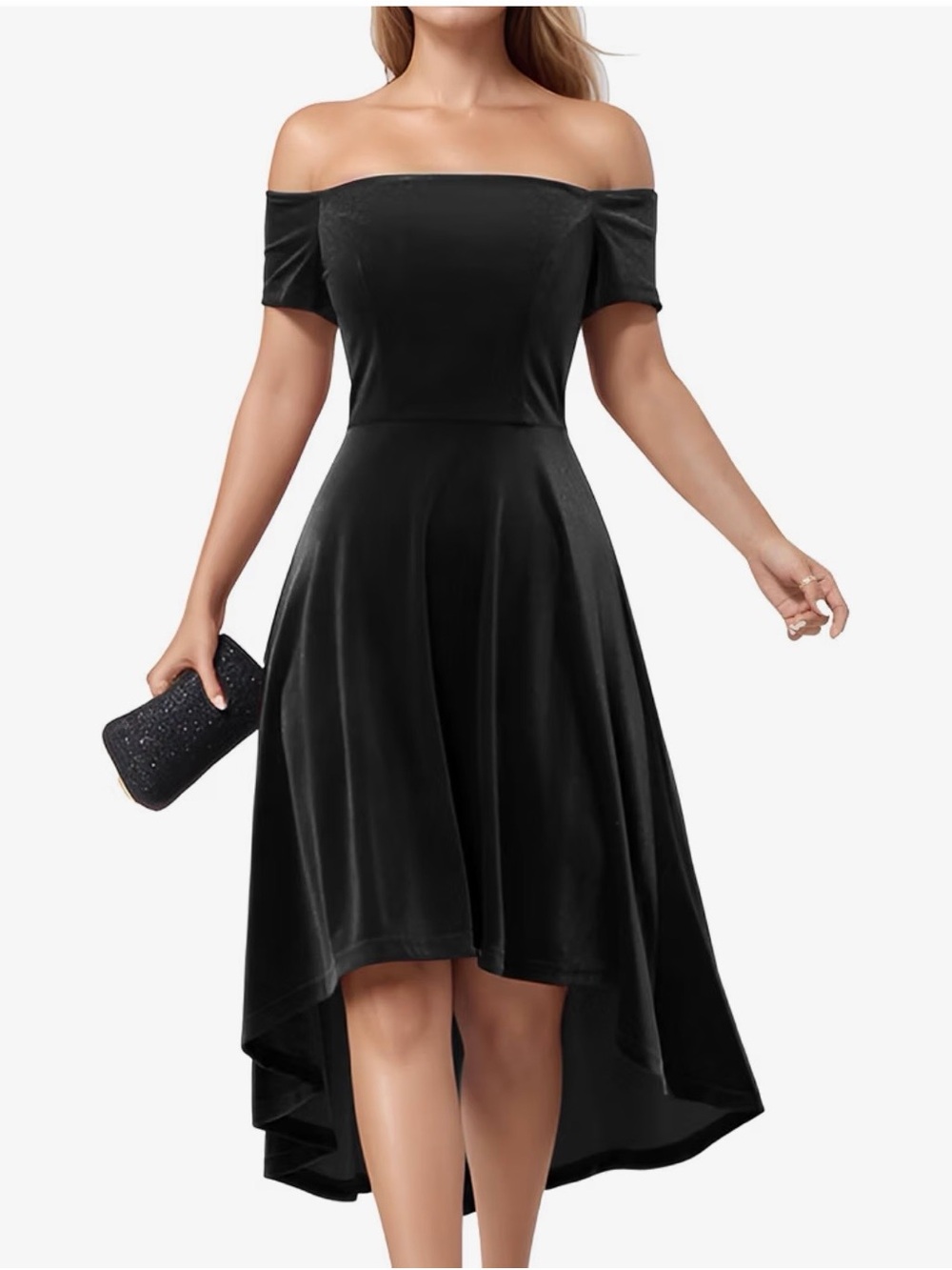 Off-Shoulder Black High-Low Evening Dress